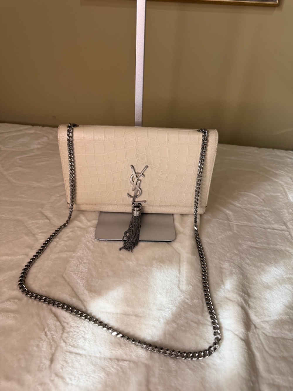 Saint Laurent Croc-Embossed Kate Medium Chain Shoulder Bag with Tassel